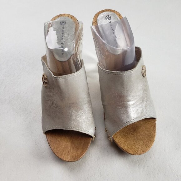 Trina Turk Palm Springs Lucite Heel Womens 9 Silver Wooden Slip On Platform Shoe - Picture 4 of 13